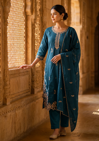 Navy Blue Embroidered Cotton Suit Set