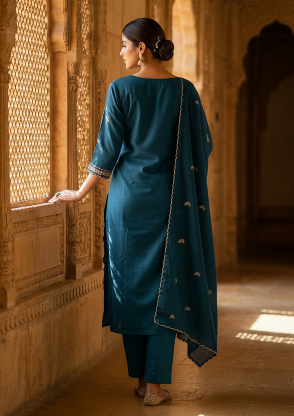 Navy Blue Embroidered Cotton Suit Set