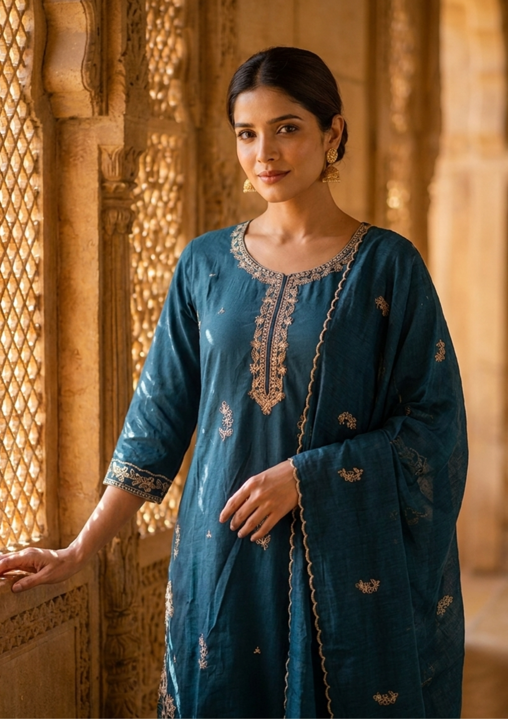 Navy Blue Embroidered Cotton Suit Set