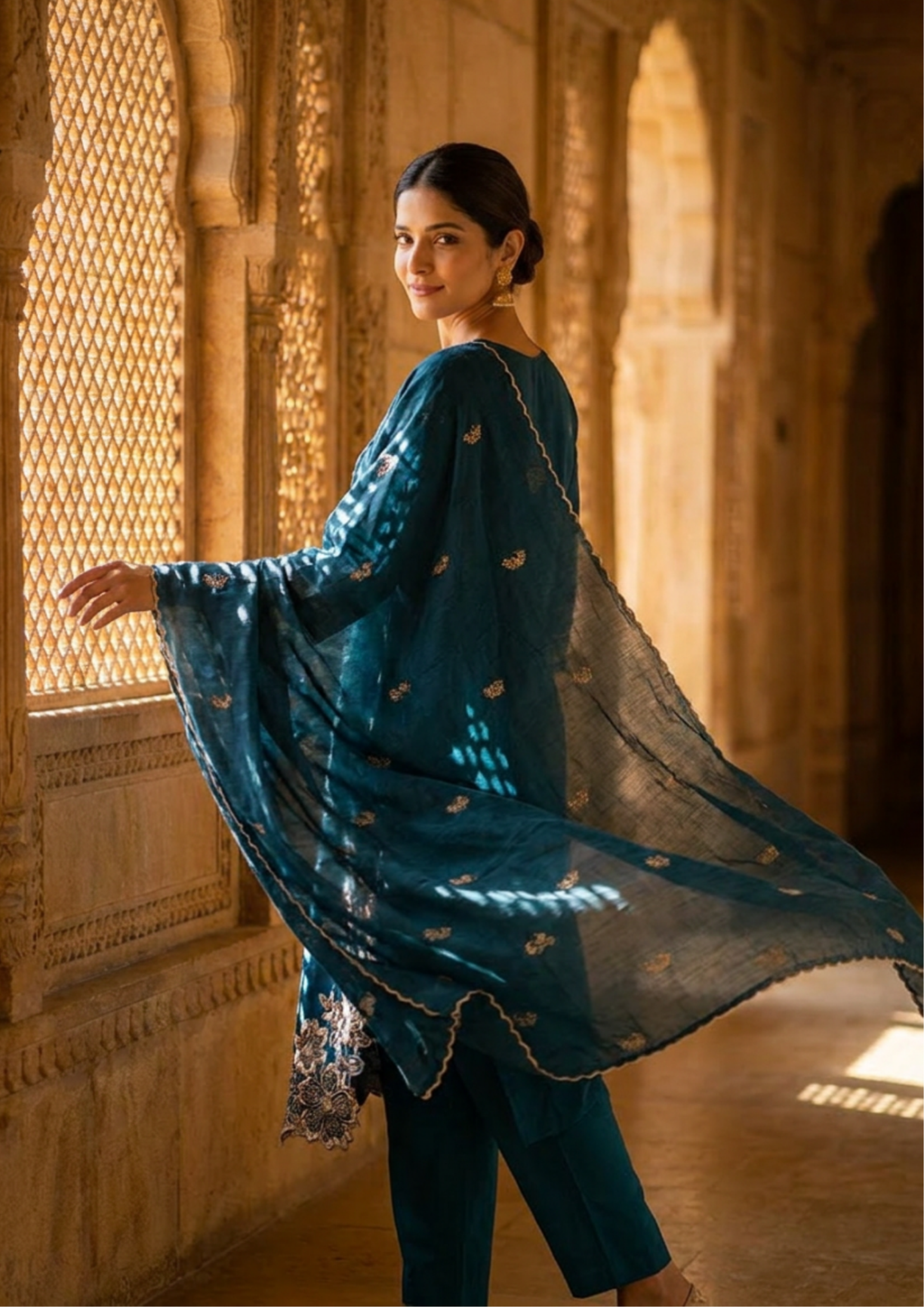 Navy Blue Embroidered Cotton Suit Set