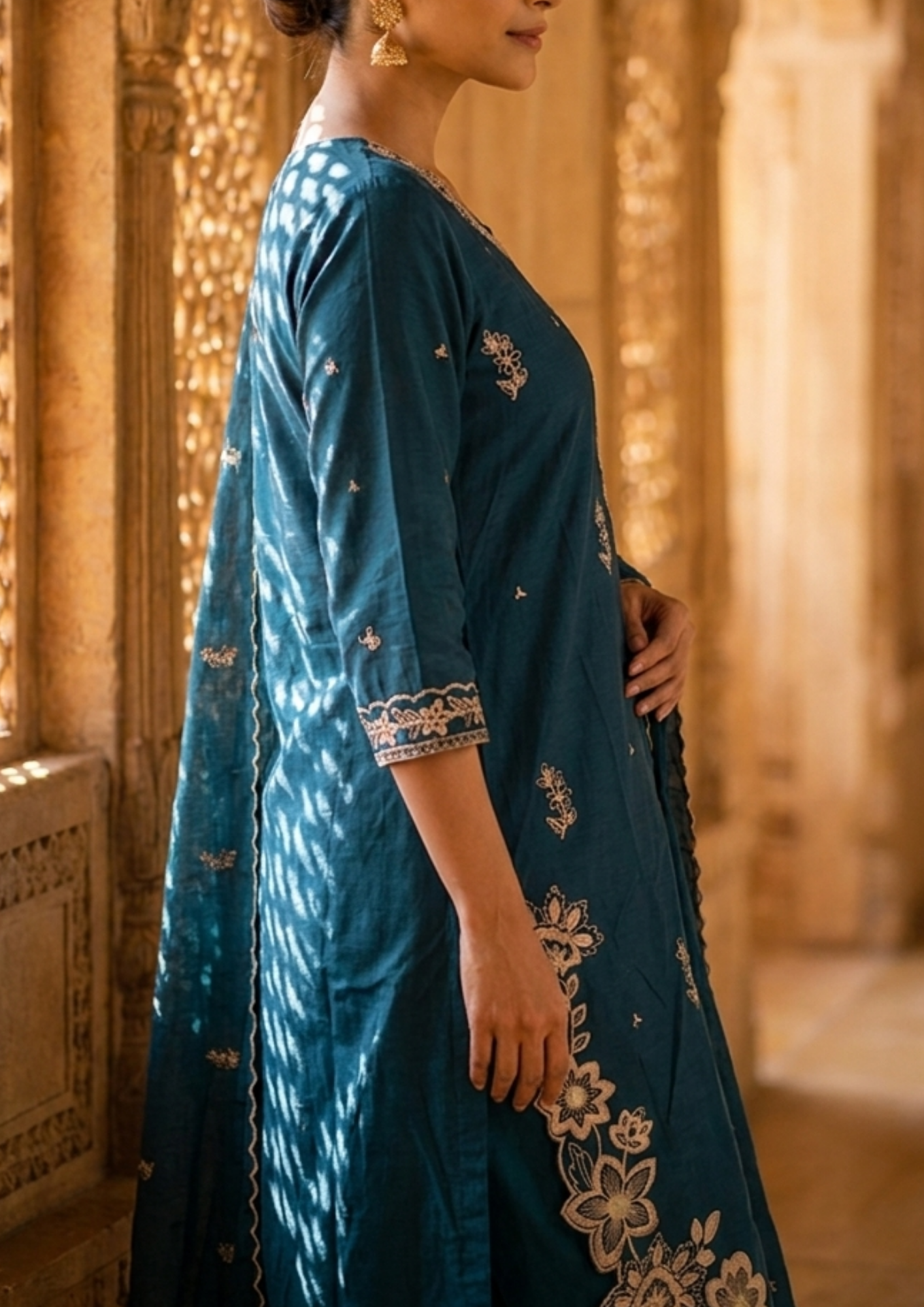 Navy Blue Embroidered Cotton Suit Set