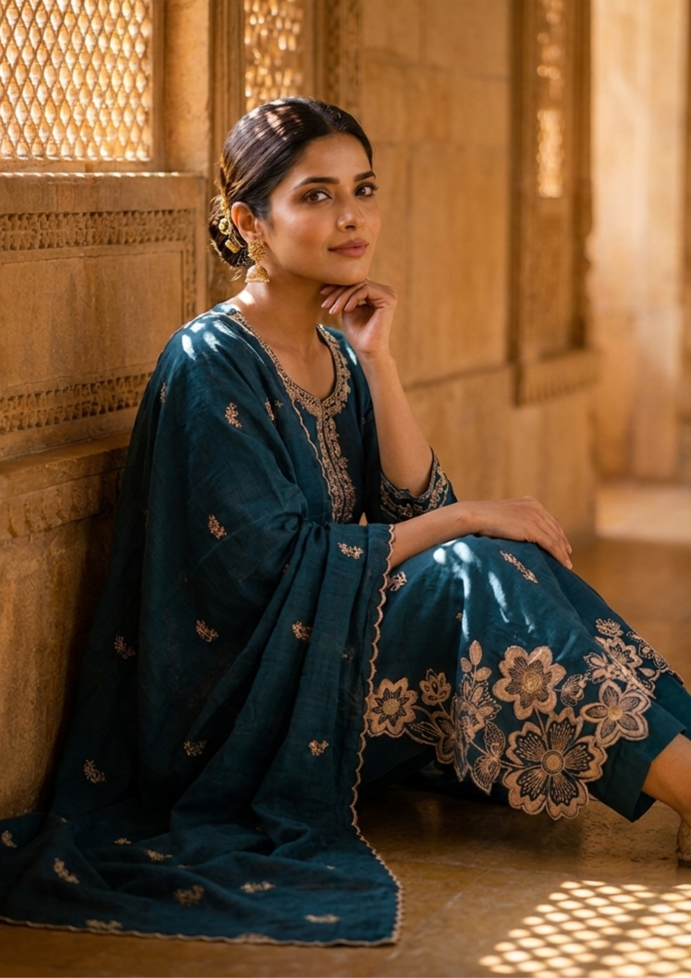 Navy Blue Embroidered Cotton Suit Set