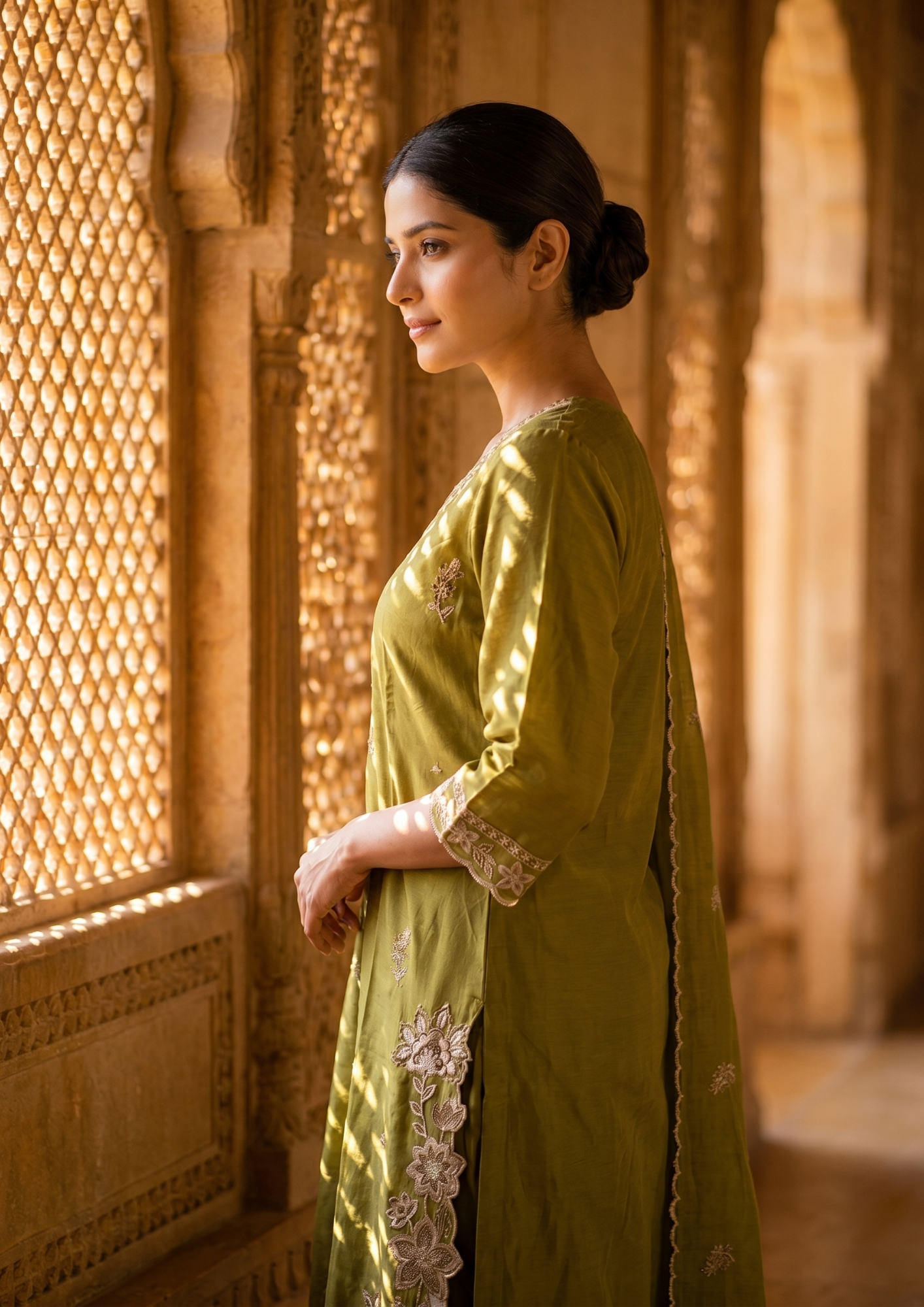 Green Embroidered Cotton Suit Set