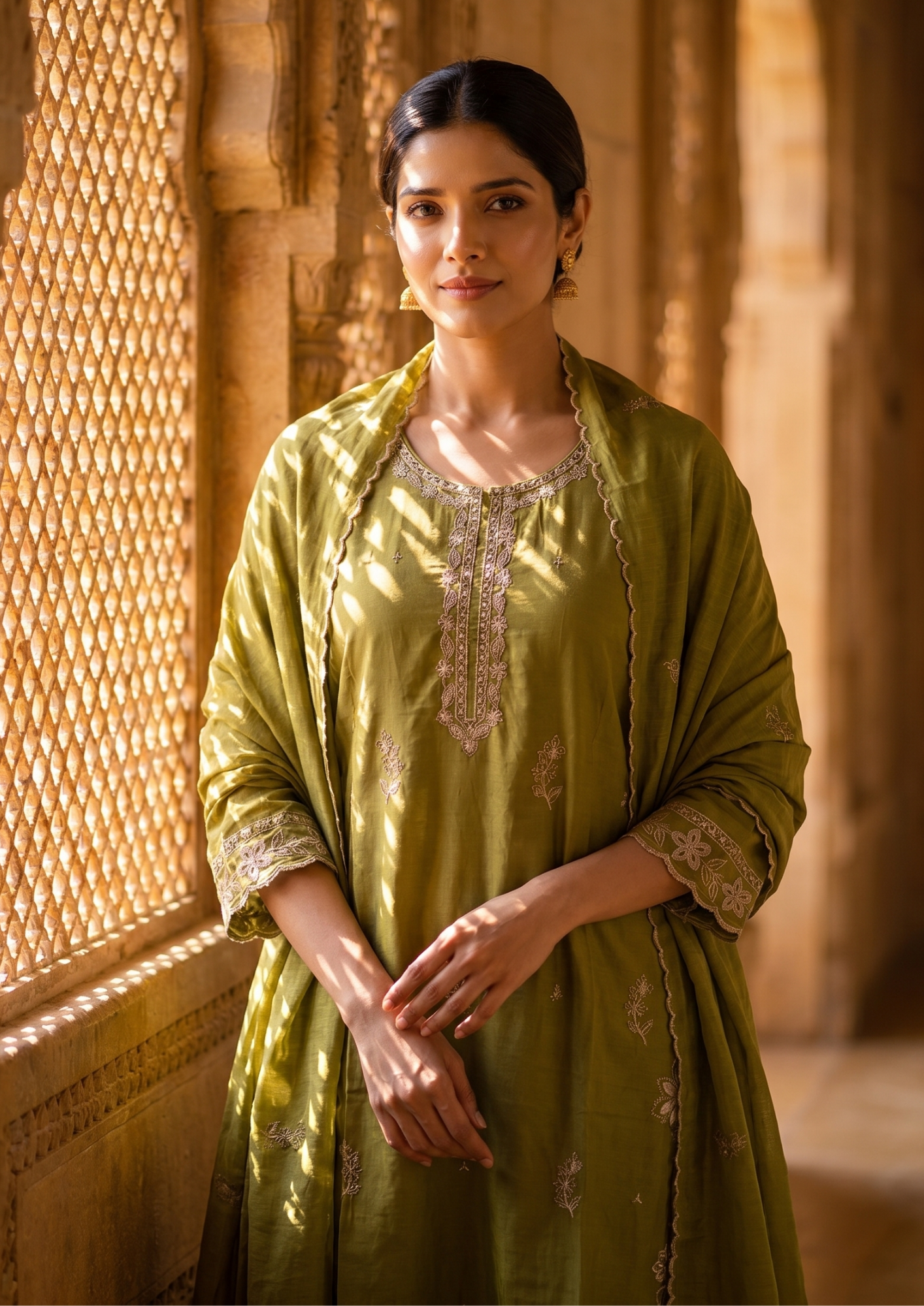 Green Embroidered Cotton Suit Set