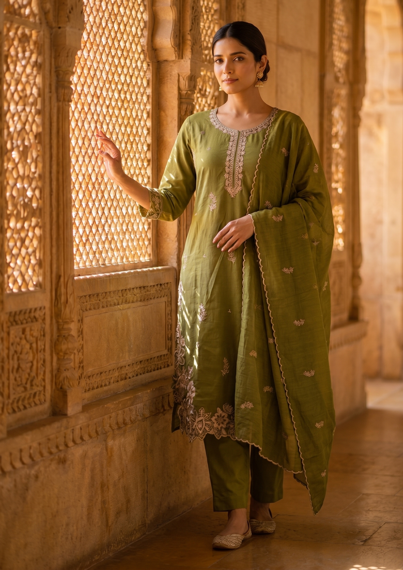Green Embroidered Cotton Suit Set