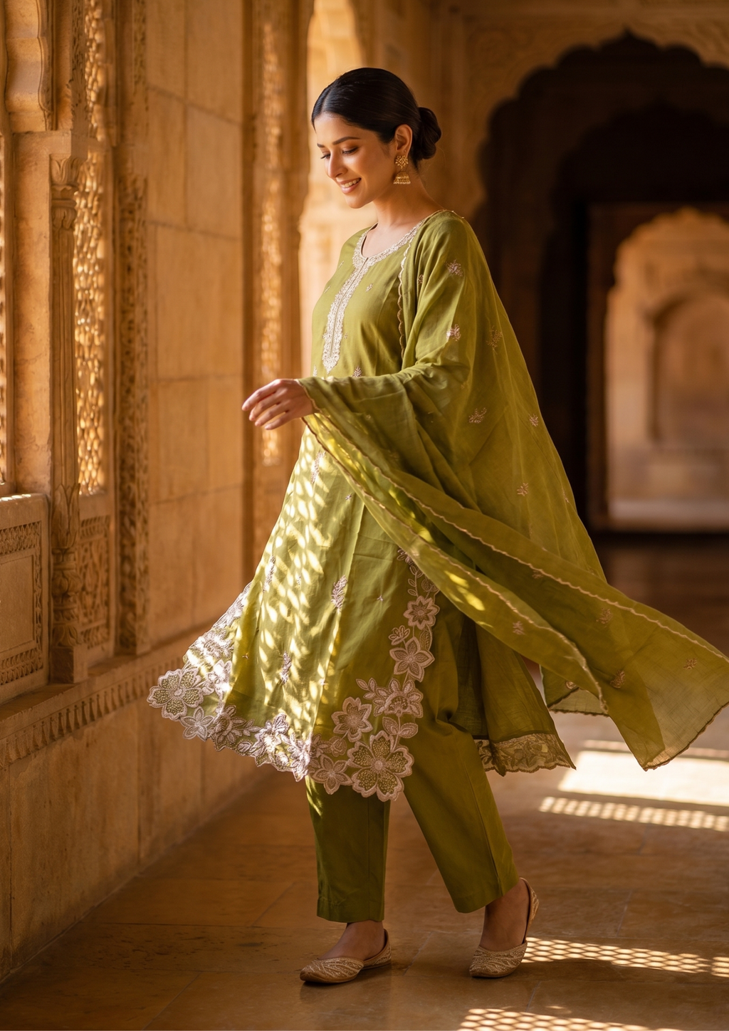 Green Embroidered Cotton Suit Set