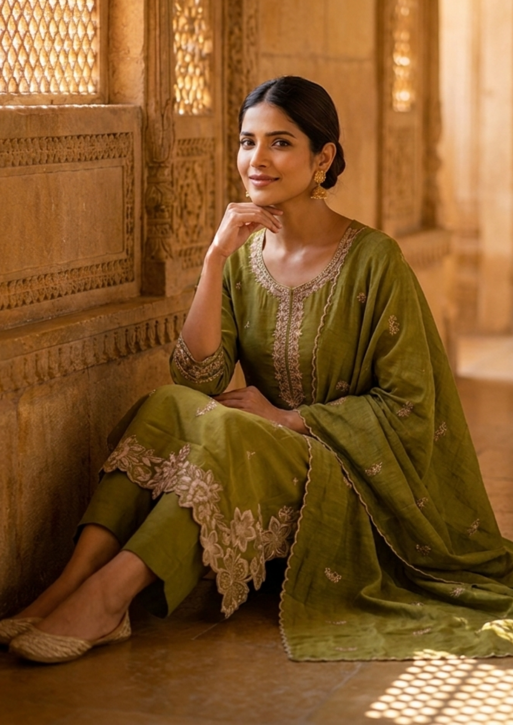 Green Embroidered Cotton Suit Set