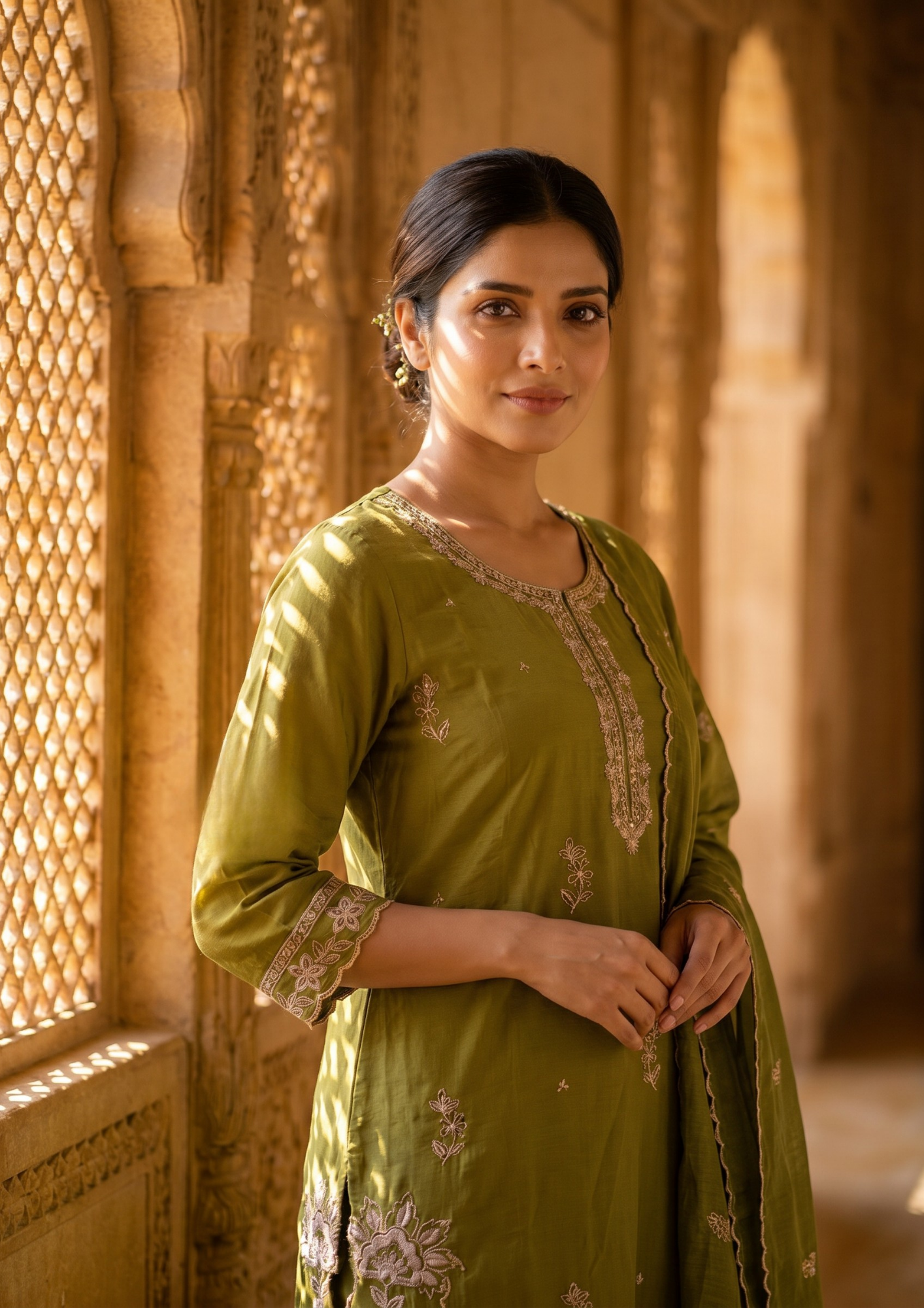 Green Embroidered Cotton Suit Set