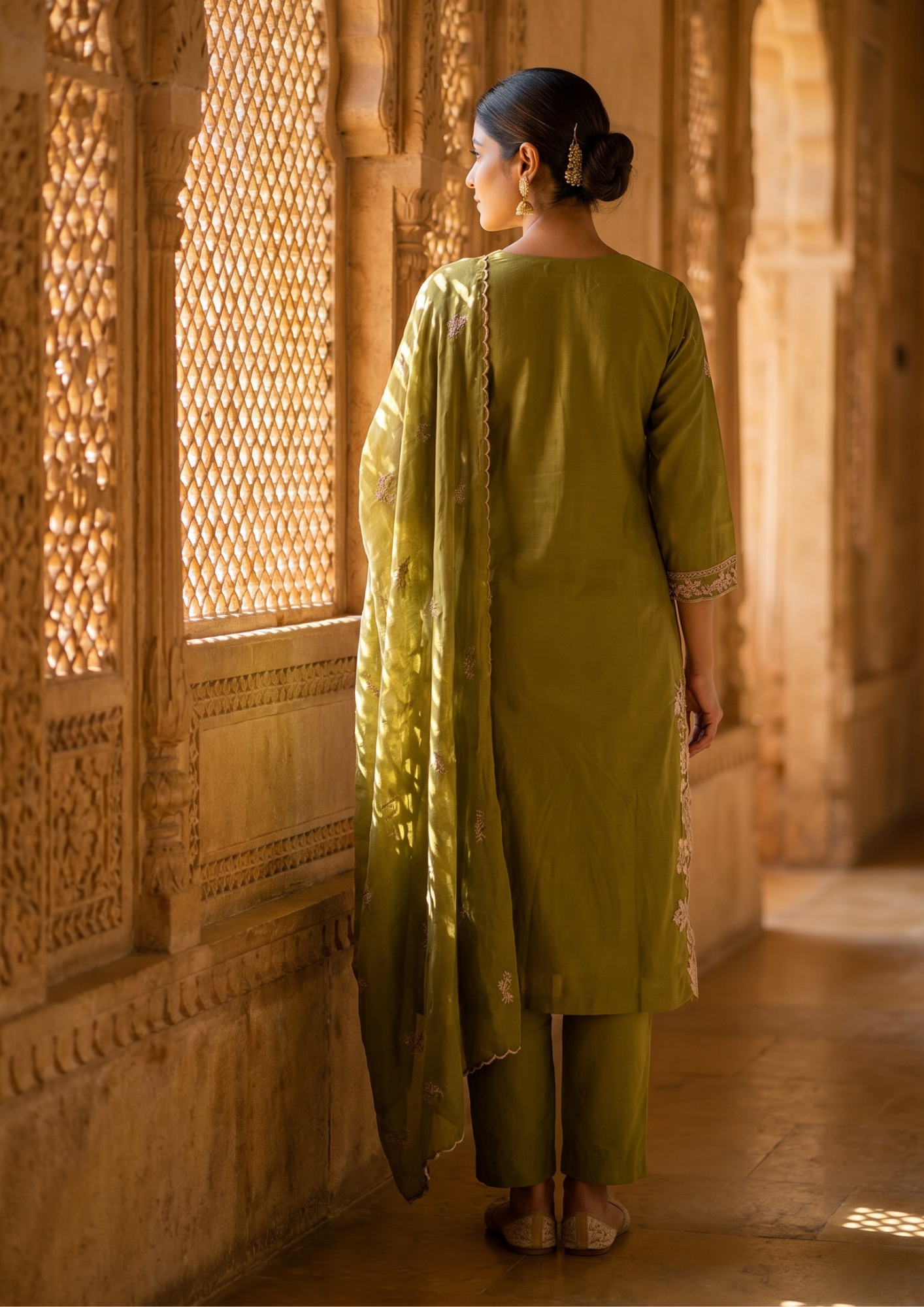 Green Embroidered Cotton Suit Set