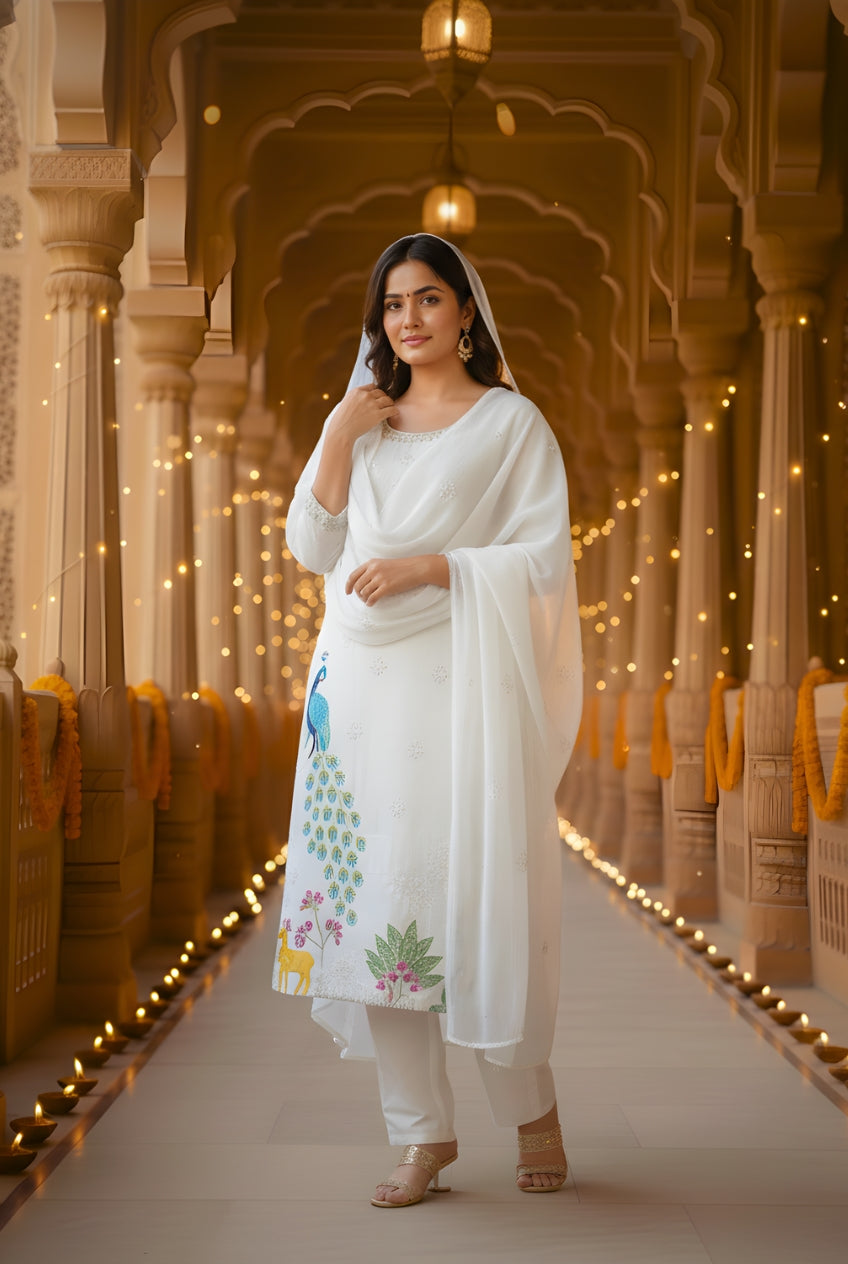 White Heavy Embroidered Glass Silk Suit Set
