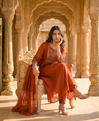 Dusty Red Embroidered Pure Mul Chanderi Suit Set with Dupatta