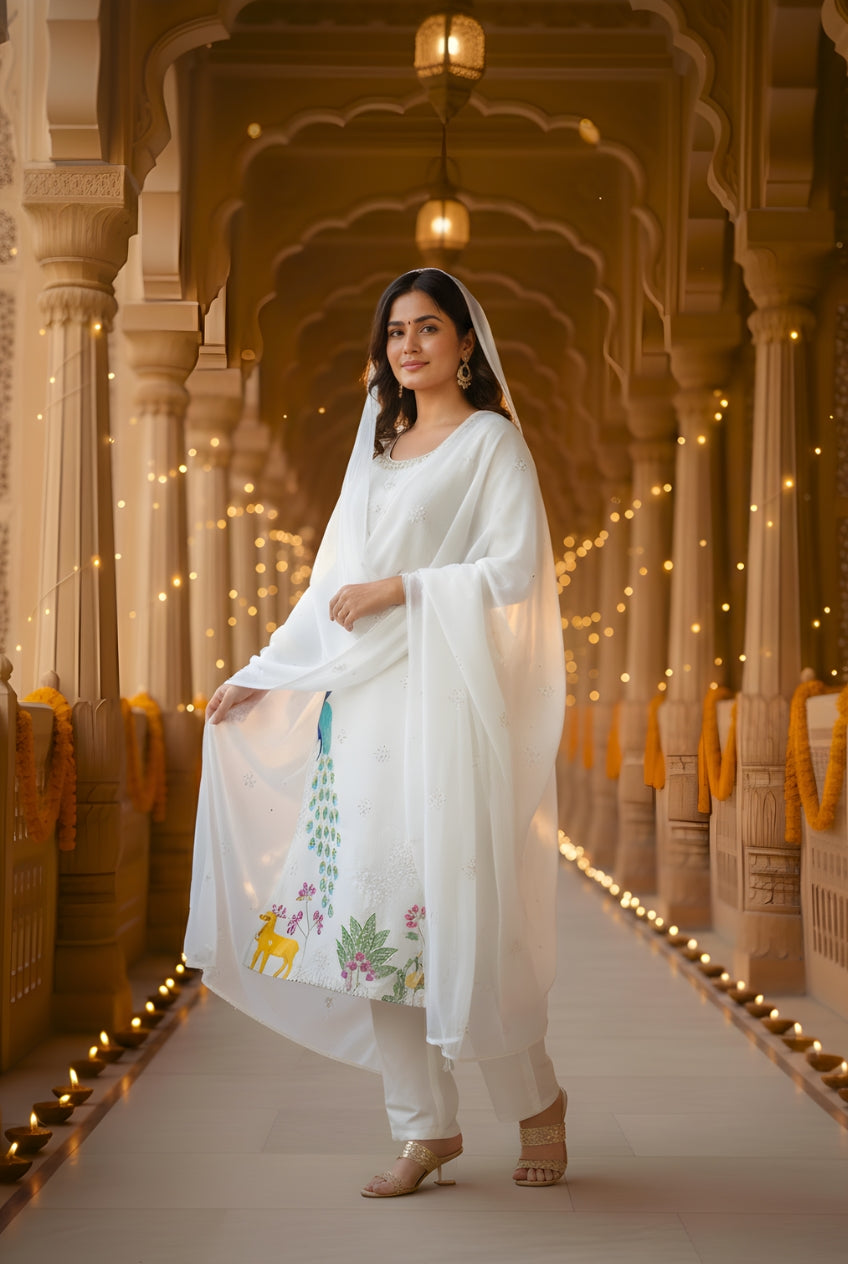 White Heavy Embroidered Glass Silk Suit Set