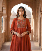 Dusty Red Embroidered Pure Mul Chanderi Suit Set with Dupatta