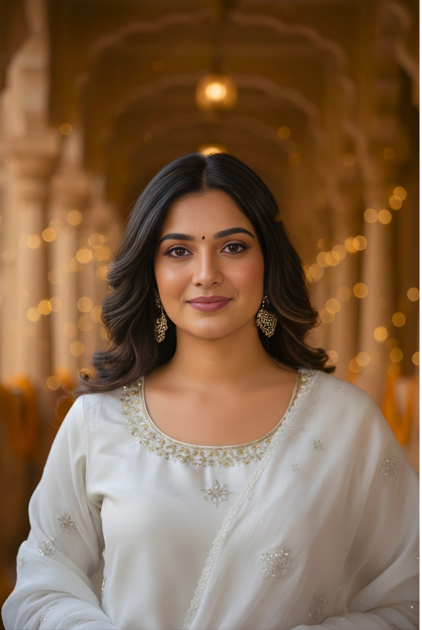 White Heavy Embroidered Glass Silk Suit Set