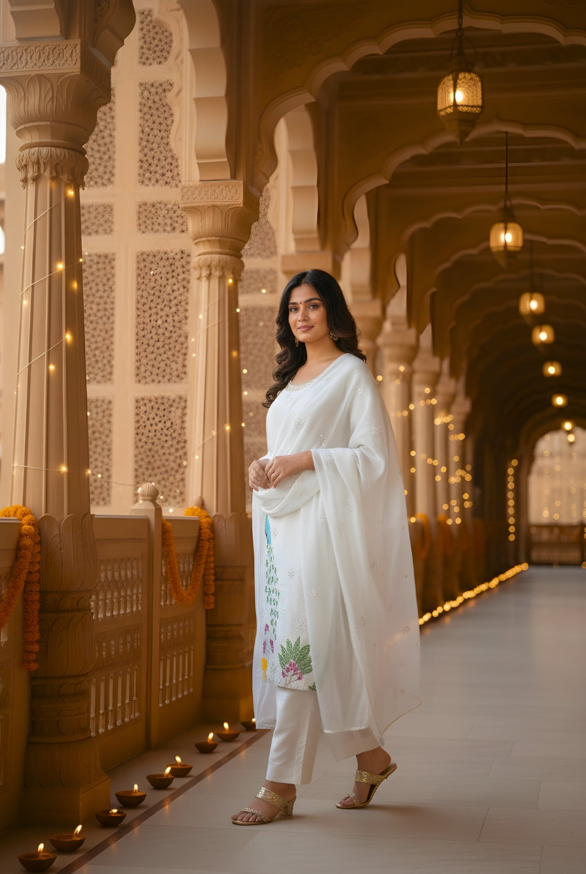 White Heavy Embroidered Glass Silk Suit Set