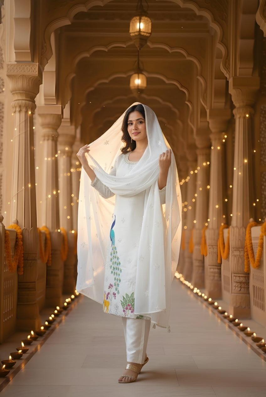 White Heavy Embroidered Glass Silk Suit Set
