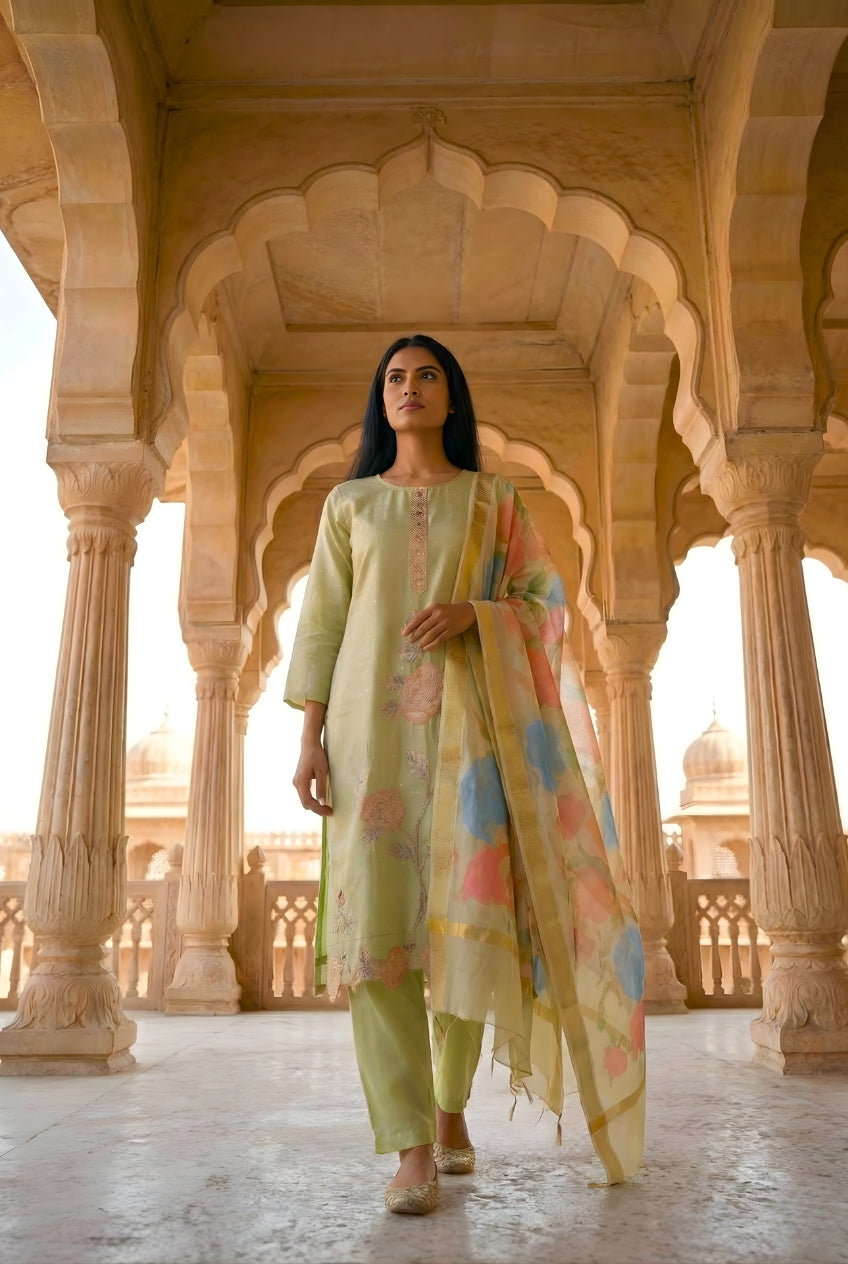 Green Smoke Embroidered Poly Jaquard Suit Set