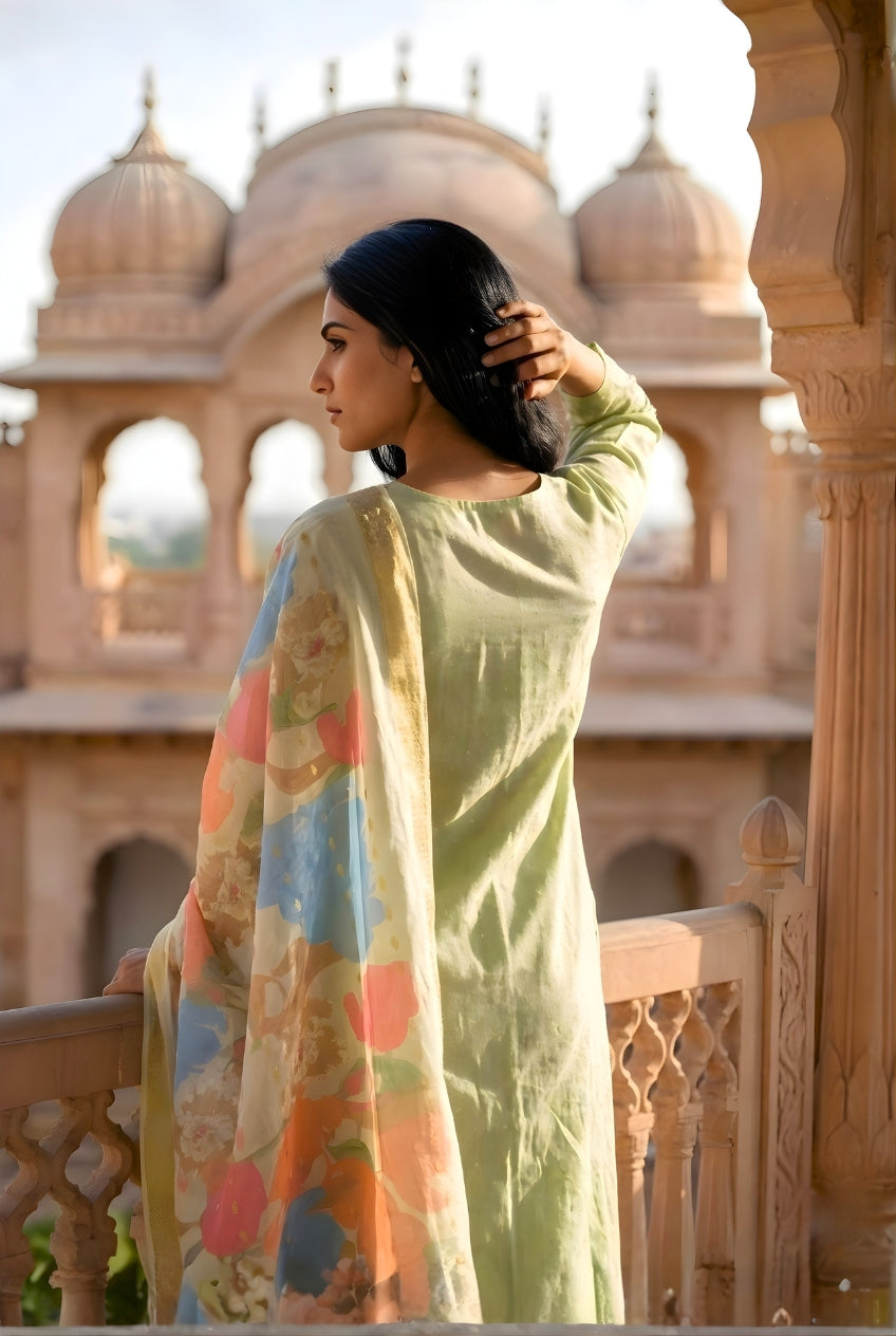 Green Smoke Embroidered Poly Jaquard Suit Set