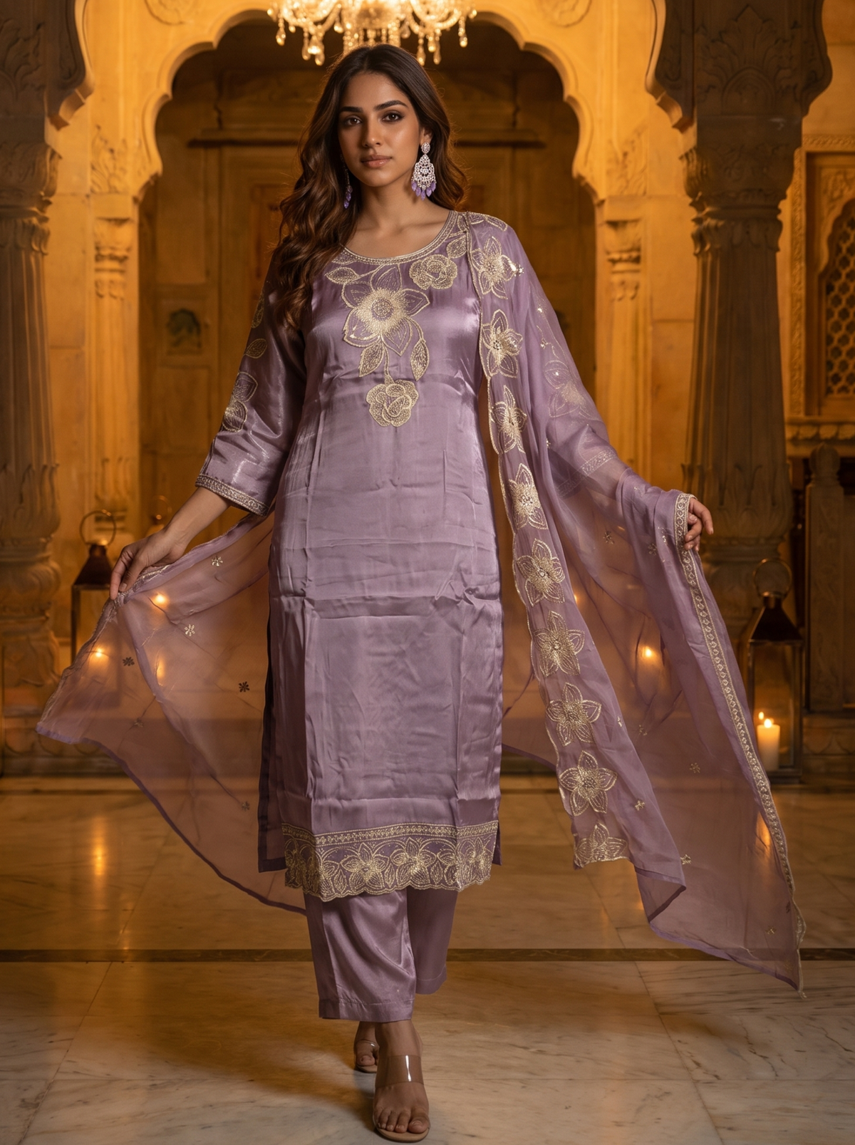 Purple Embroidered Roman Glass Silk Suit Set with Dupatta
