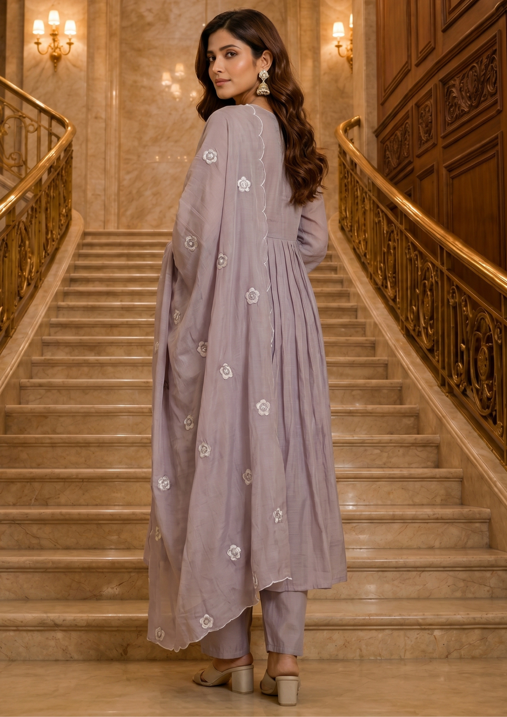 Pastel Purple Embroidered Mal Chanderi Suit Set