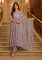 Pastel Purple Embroidered Mal Chanderi Suit Set with Dupatta