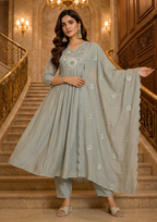 Dust Grey Embroidered Mal Chanderi Suit Set with Dupatta