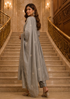 Dust Grey Embroidered Mal Chanderi Suit Set with Dupatta