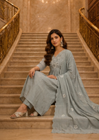 Dust Grey Embroidered Mal Chanderi Suit Set with Dupatta