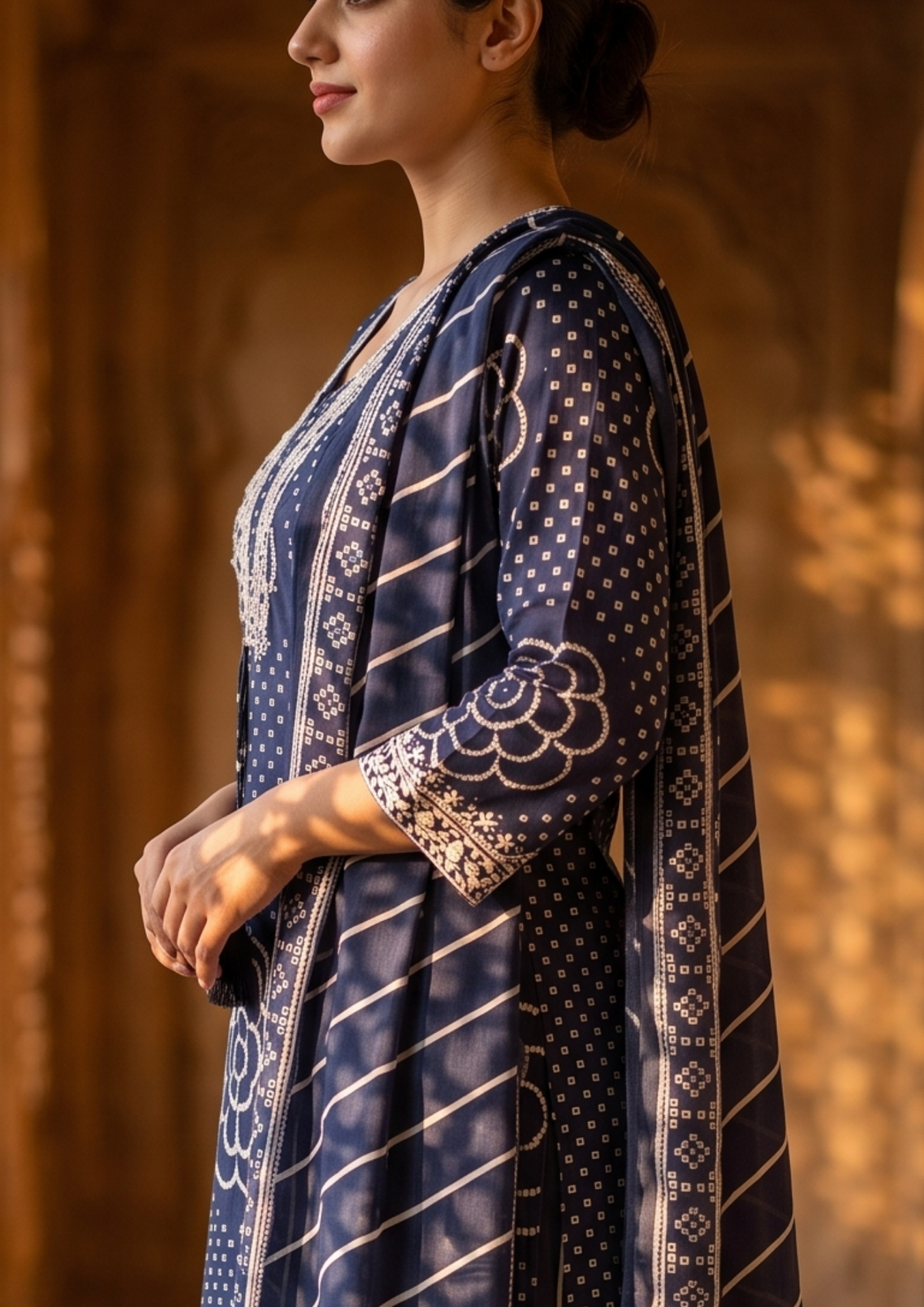 Blue Printed Muslin Kurta and Pant Set with Dupatta