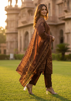 Brown Printed Muslin Kurta and Pant Set with Dupatta