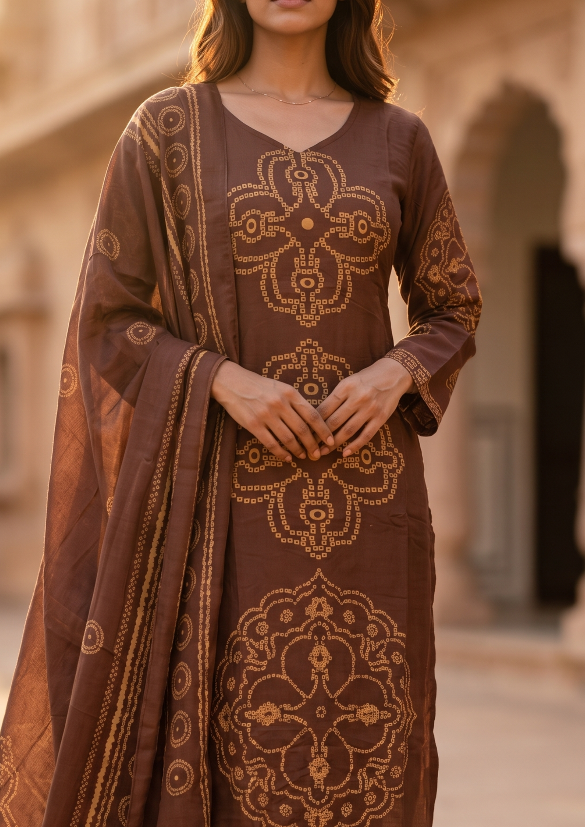 Brown Printed Muslin Kurta and Pant Set with Dupatta