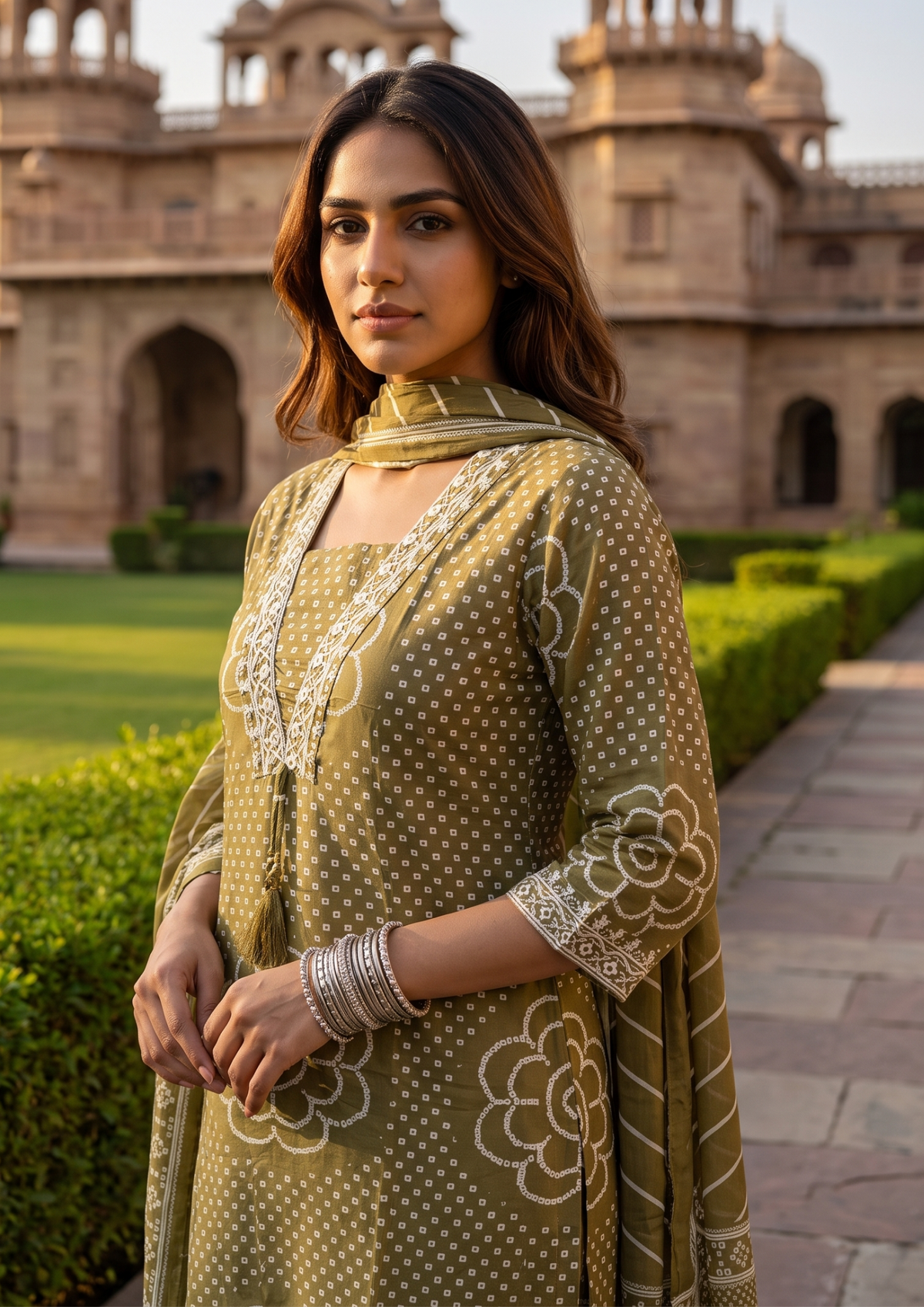 Green Printed Muslin Kurta and Pant Set with Dupatta