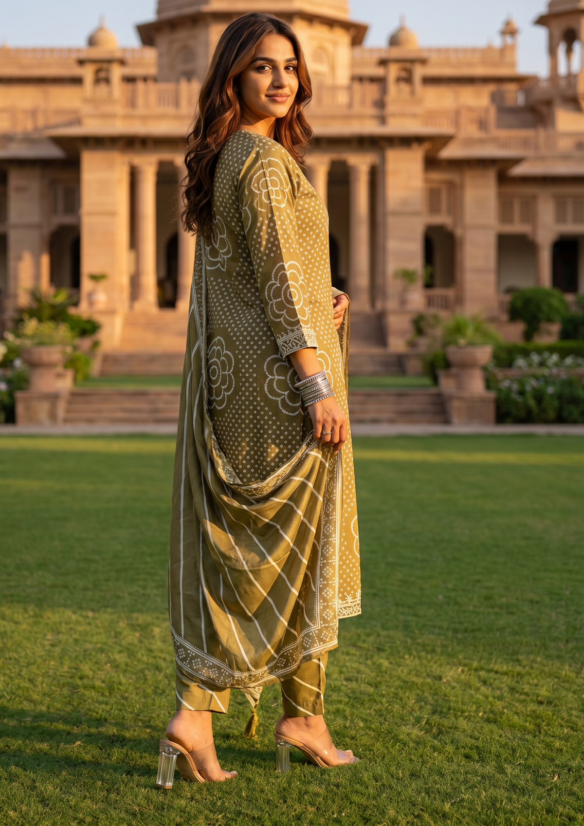 Green Printed Muslin Kurta and Pant Set with Dupatta