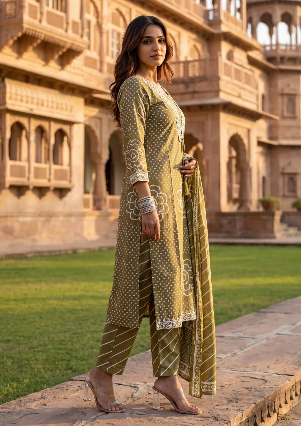 Green Printed Muslin Kurta and Pant Set with Dupatta