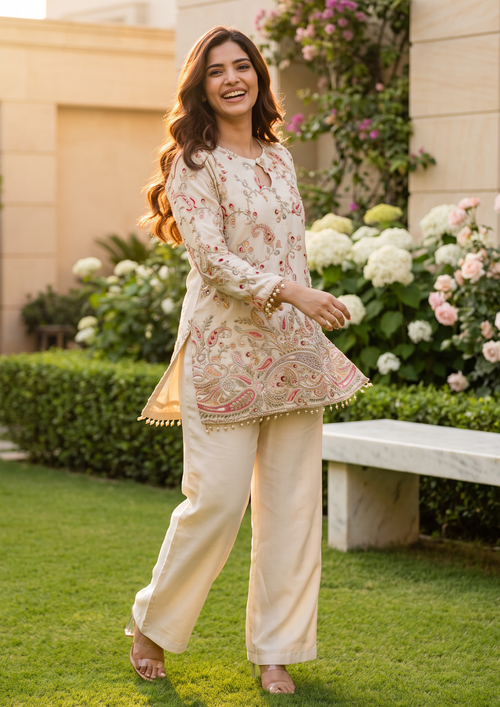 Cream Ethnic Motifs Embroidered Regular Thread Work Silk Crepe Kurti with Trousers