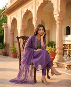 Plum Purple Embroidered Pure Mul Chanderi Suit Set with Dupatta