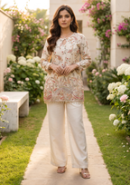 Cream Ethnic Motifs Embroidered Regular Thread Work Silk Crepe Kurti with Trousers