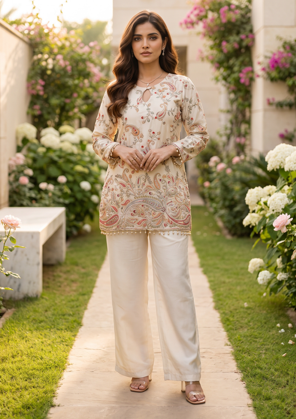 Cream Ethnic Motifs Embroidered Regular Thread Work Silk Crepe Kurti with Trousers