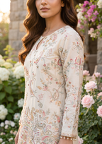 Cream Ethnic Motifs Embroidered Regular Thread Work Silk Crepe Kurti with Trousers