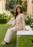 Cream Ethnic Motifs Embroidered Regular Thread Work Silk Crepe Kurti with Trousers