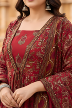 Dull Red Printed Cotton Anarkali Kurta and Pant Set with Dupatta