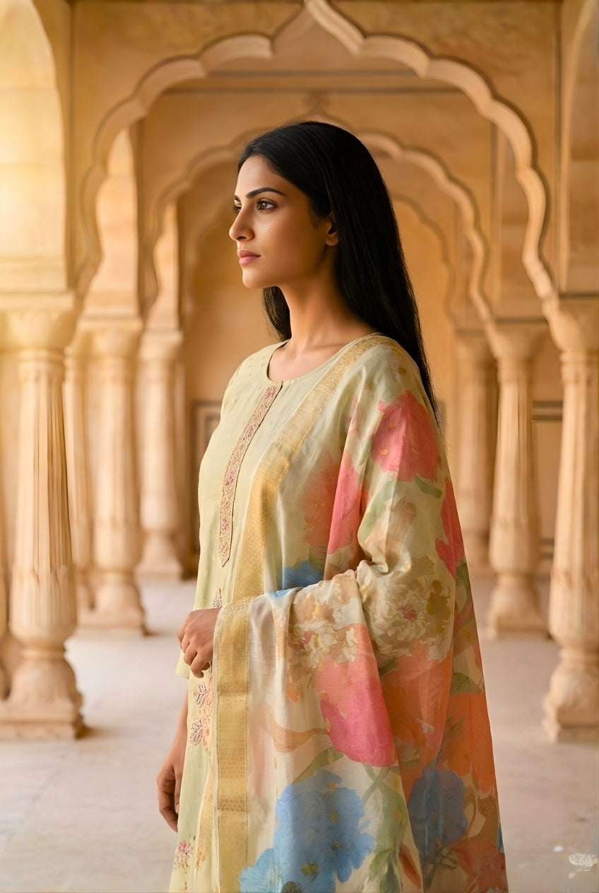 Green Smoke Embroidered Poly Jaquard Suit Set
