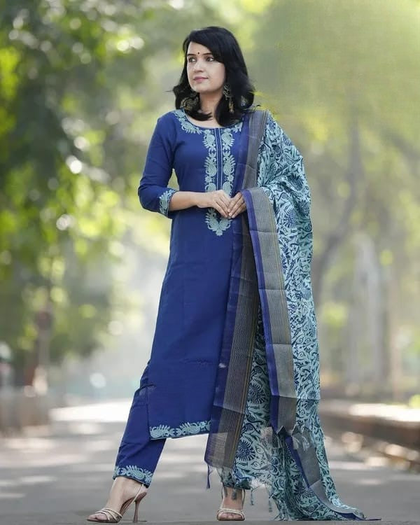 Lapis Blue Embroidered Cotton Suit Set with Dupatta