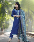 Lapis Blue Embroidered Cotton Suit Set with Dupatta