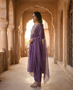 Plum Purple Embroidered Pure Mul Chanderi Suit Set with Dupatta
