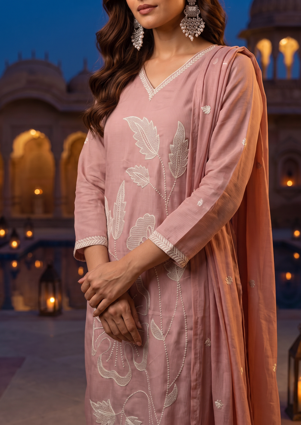 Pink Rose Embroidered Mul Cotton Suit Set with Dupatta