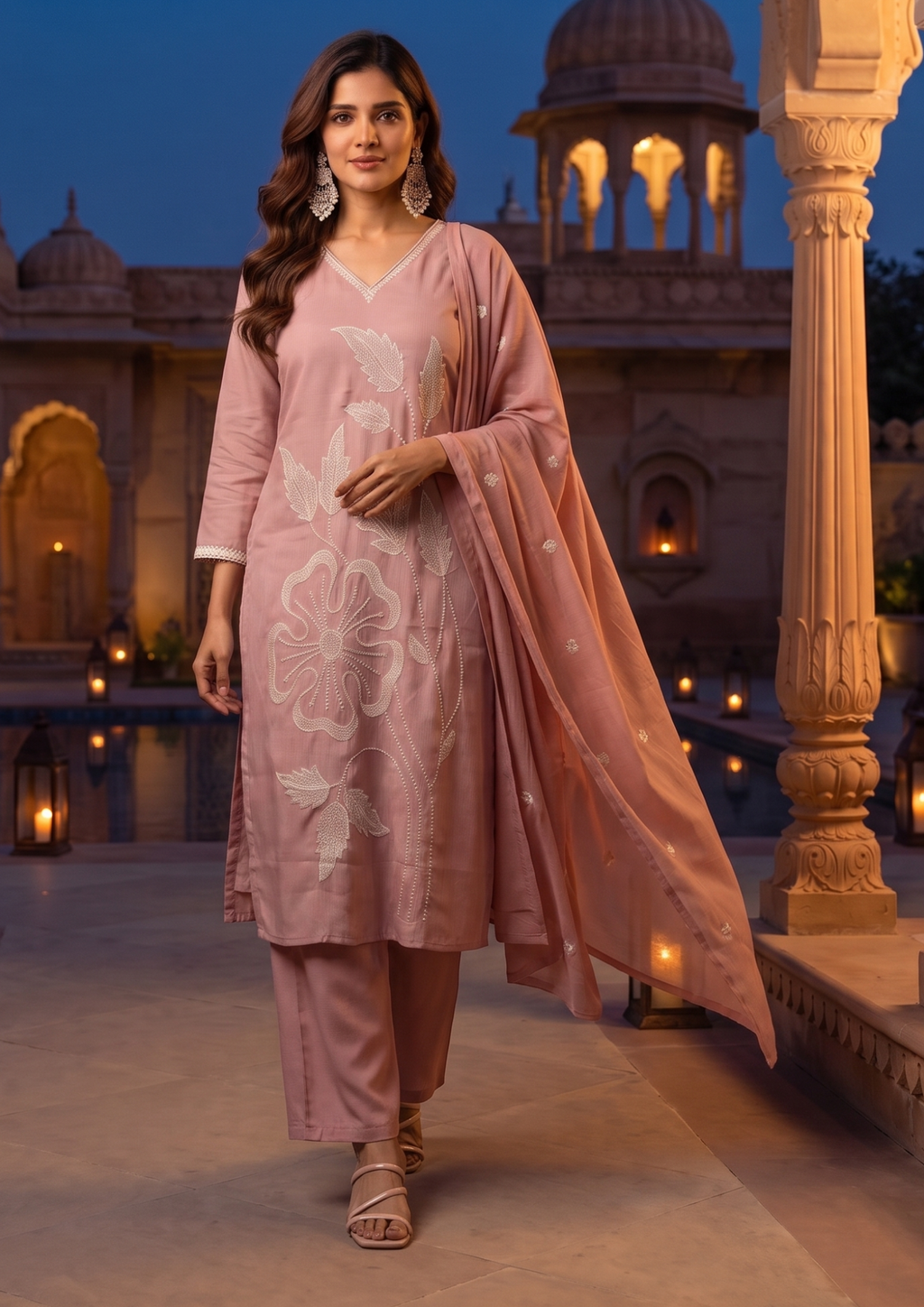 Pink Rose Embroidered Mul Cotton Suit Set with Dupatta
