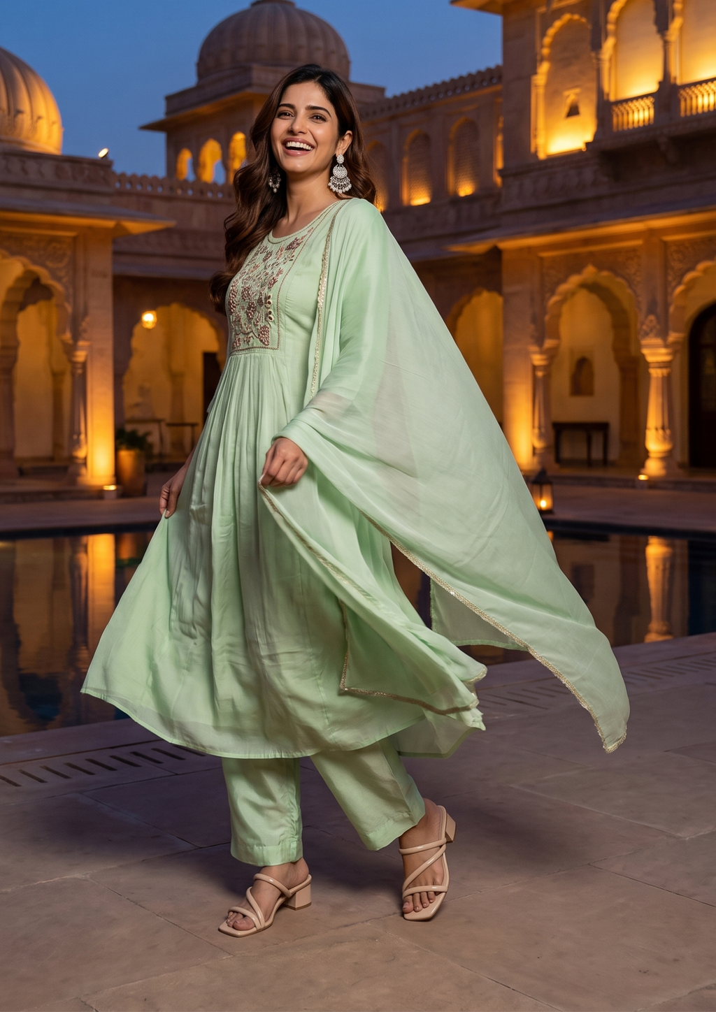 Green Handwork Mul Chanderi Suit Set with Dupatta
