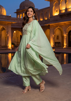 Green Handwork Mul Chanderi Suit Set with Dupatta
