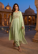 Green Handwork Mul Chanderi Suit Set with Dupatta
